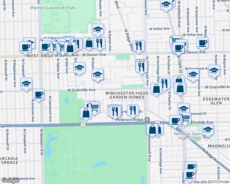 map of restaurants, bars, coffee shops, grocery stores, and more near 1961 West Granville Avenue in Chicago