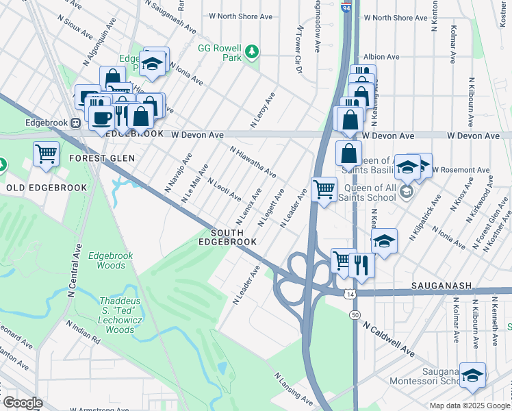 map of restaurants, bars, coffee shops, grocery stores, and more near 6201 North Lenox Avenue in Chicago