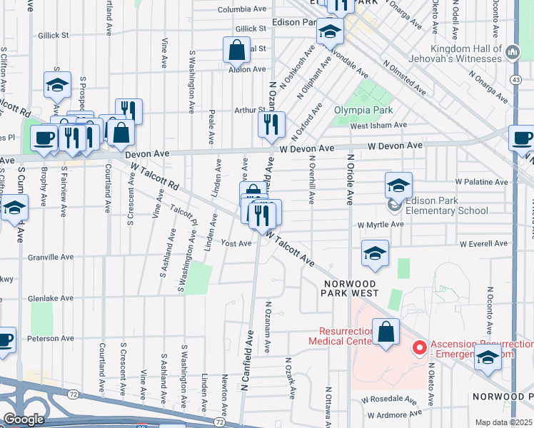 map of restaurants, bars, coffee shops, grocery stores, and more near 6221 Canfield Road in Park Ridge