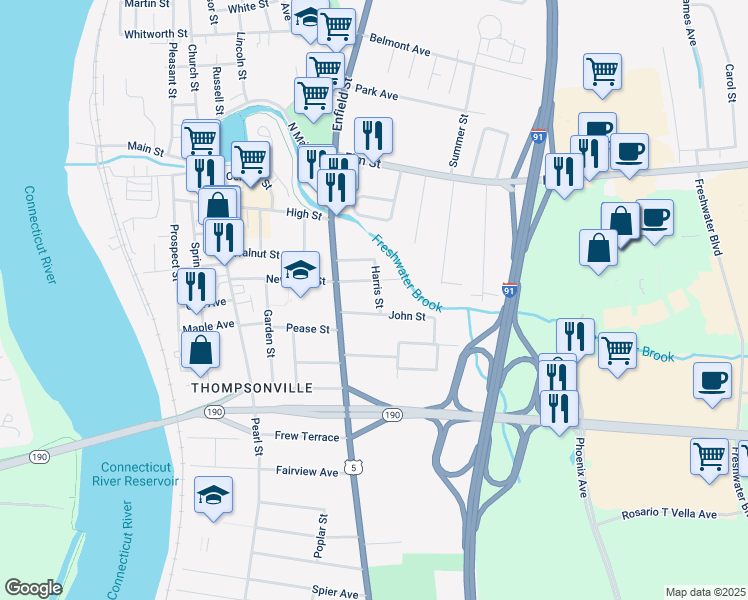 map of restaurants, bars, coffee shops, grocery stores, and more near 3 Harris Street in Enfield