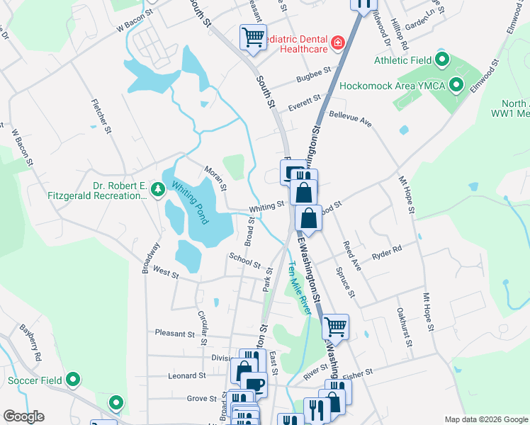 map of restaurants, bars, coffee shops, grocery stores, and more near 28 Whiting Street in North Attleborough