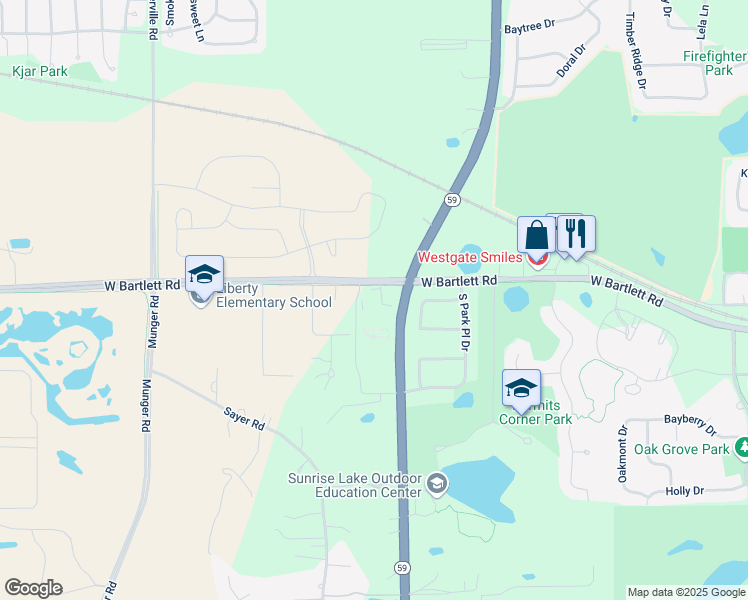 map of restaurants, bars, coffee shops, grocery stores, and more near 1101 The Bartlett Trail in Bartlett