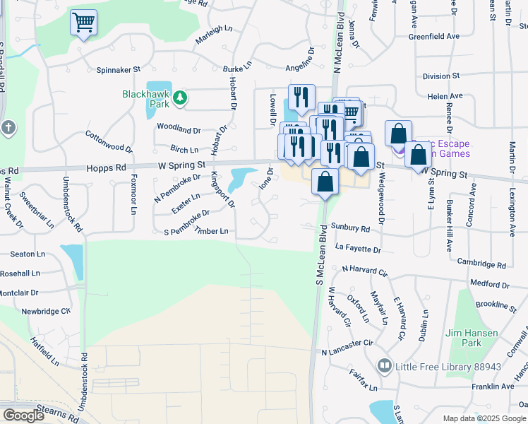 map of restaurants, bars, coffee shops, grocery stores, and more near 60c Ione Drive in South Elgin