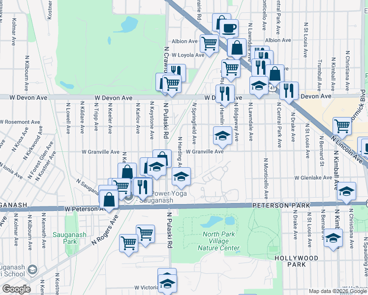 map of restaurants, bars, coffee shops, grocery stores, and more near 6207 North Harding Avenue in Chicago