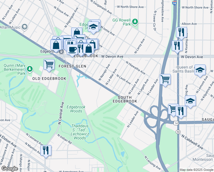 map of restaurants, bars, coffee shops, grocery stores, and more near 6195 U.S. 14 in Chicago
