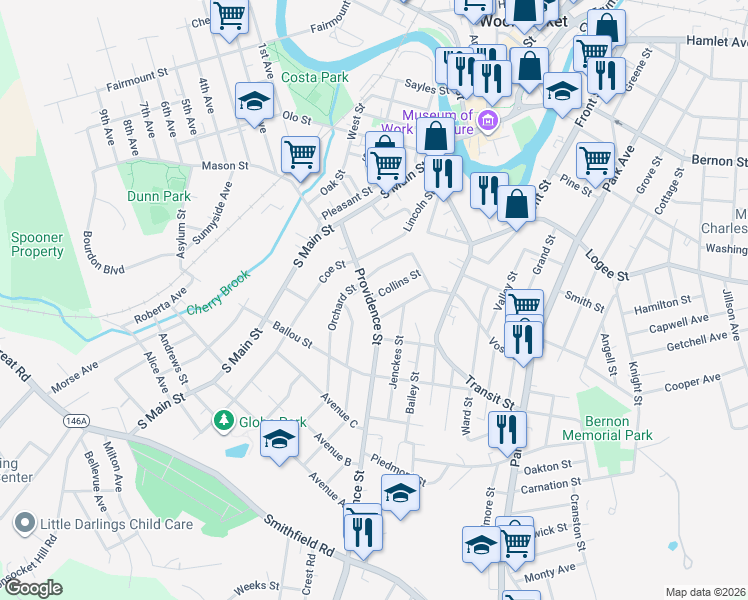 map of restaurants, bars, coffee shops, grocery stores, and more near 194 Providence Street in Woonsocket