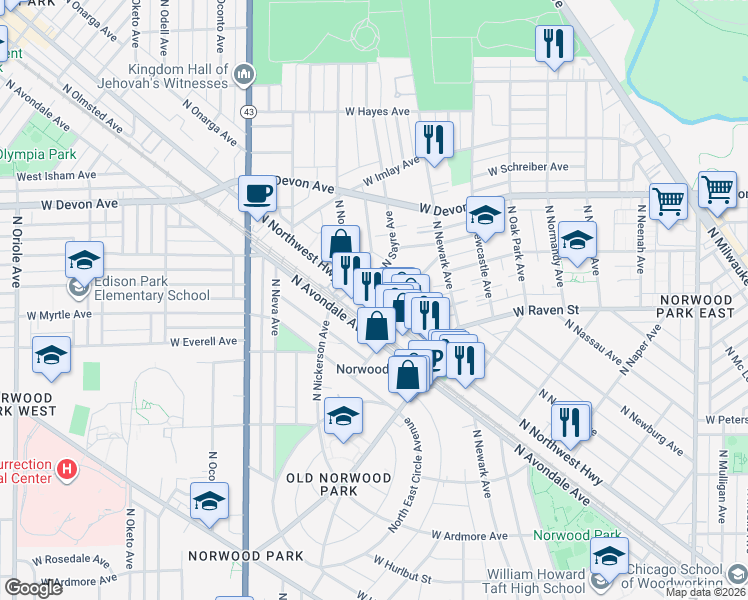 map of restaurants, bars, coffee shops, grocery stores, and more near 6083 North Northwest Highway in Chicago