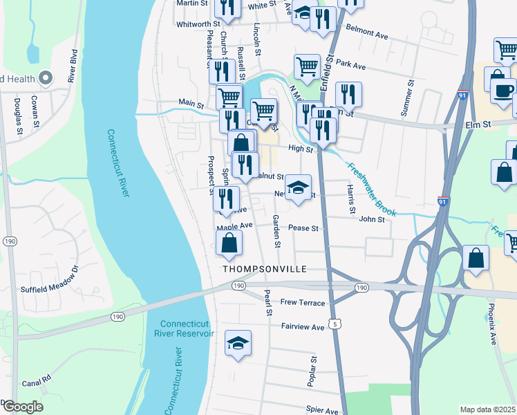 map of restaurants, bars, coffee shops, grocery stores, and more near 125 Pearl Street in Enfield