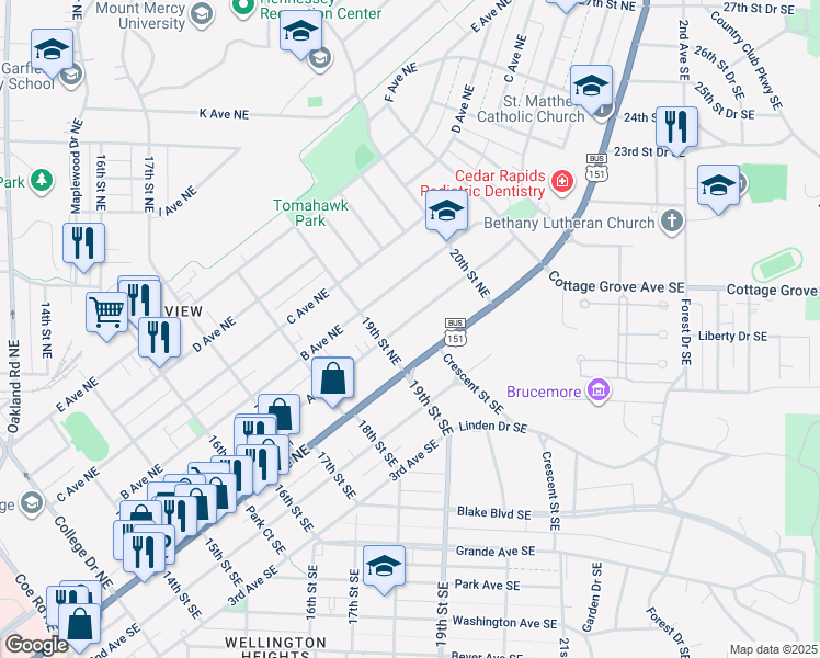 map of restaurants, bars, coffee shops, grocery stores, and more near 1917 A Avenue Northeast in Cedar Rapids