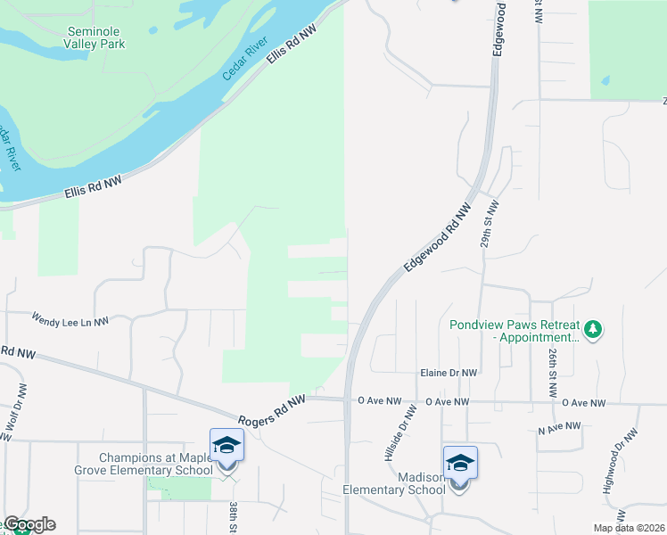 map of restaurants, bars, coffee shops, grocery stores, and more near 1840 Edgewood Drive Northwest in Cedar Rapids