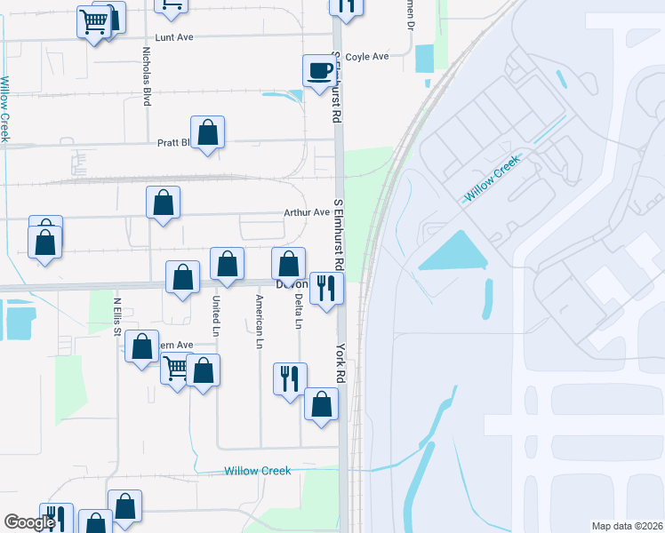 map of restaurants, bars, coffee shops, grocery stores, and more near 2270 Elmhurst Road in Elk Grove Village