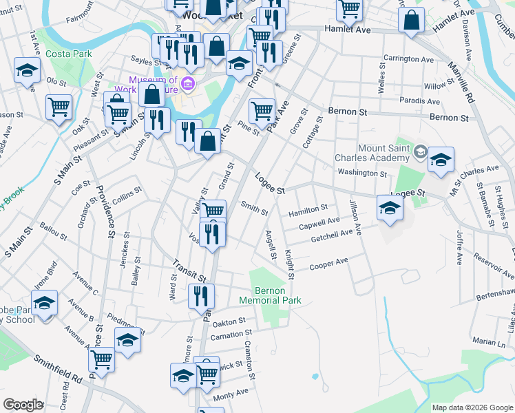 map of restaurants, bars, coffee shops, grocery stores, and more near 667 Grove Street in Woonsocket