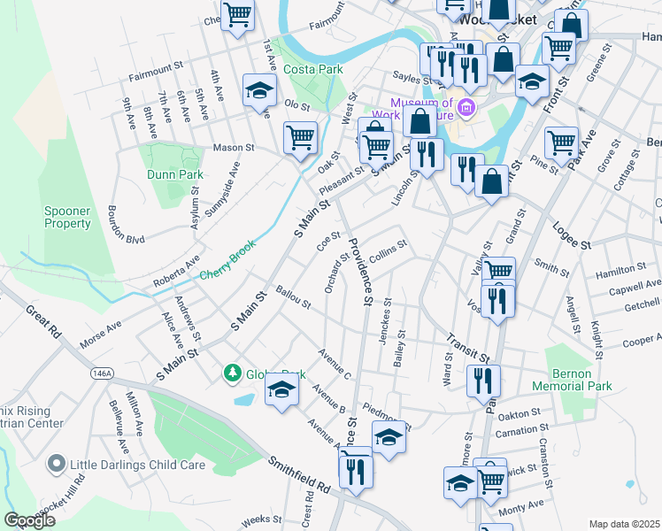 map of restaurants, bars, coffee shops, grocery stores, and more near 69 Orchard Street in Woonsocket