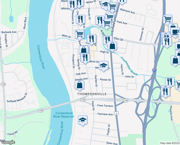 map of restaurants, bars, coffee shops, grocery stores, and more near 125 Pearl Street in Enfield