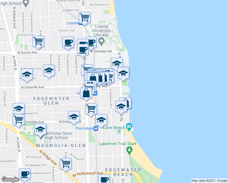map of restaurants, bars, coffee shops, grocery stores, and more near 6162 North Kenmore Avenue in Chicago