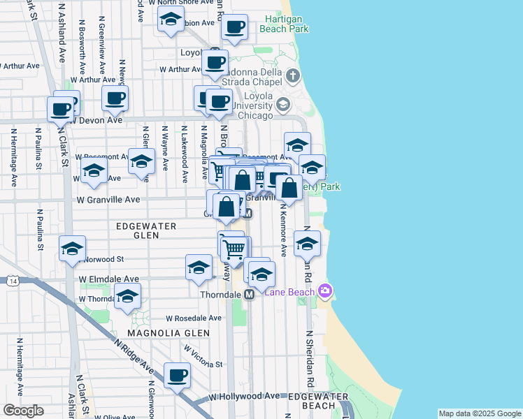 map of restaurants, bars, coffee shops, grocery stores, and more near 6158 North Winthrop Avenue in Chicago