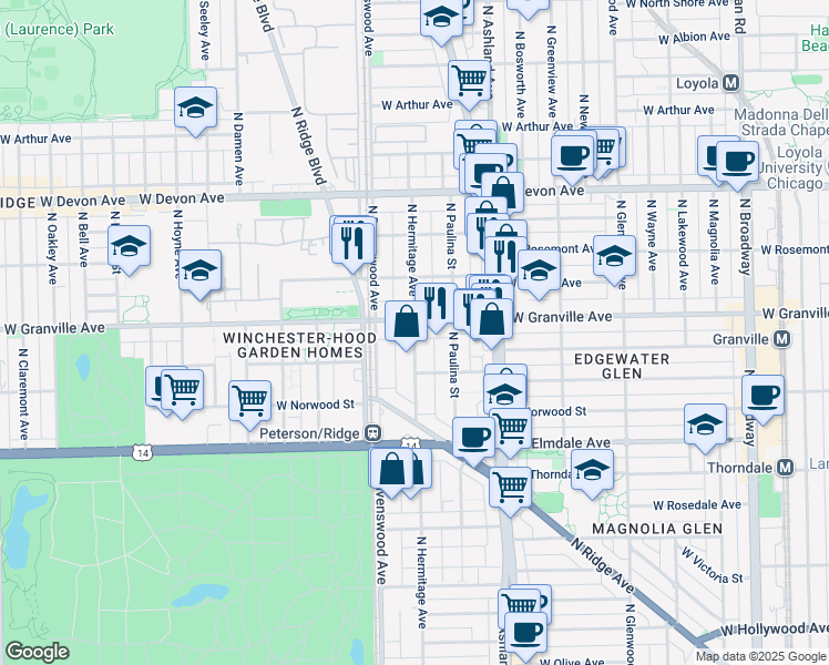 map of restaurants, bars, coffee shops, grocery stores, and more near 1743 West Granville Avenue in Chicago