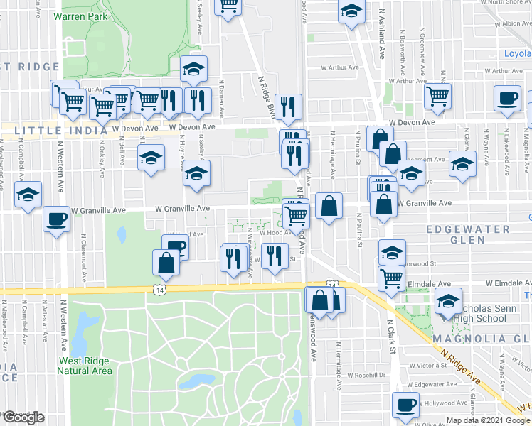 map of restaurants, bars, coffee shops, grocery stores, and more near 6177 North Winchester Avenue in Chicago