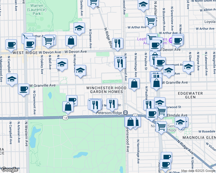 map of restaurants, bars, coffee shops, grocery stores, and more near 6177 North Winchester Avenue in Chicago