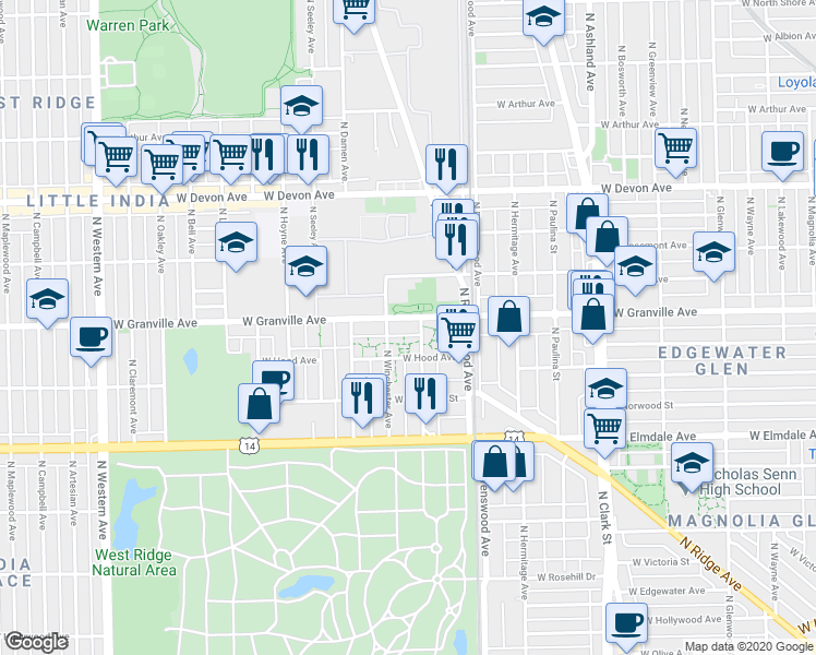 map of restaurants, bars, coffee shops, grocery stores, and more near 6177 North Winchester Avenue in Chicago