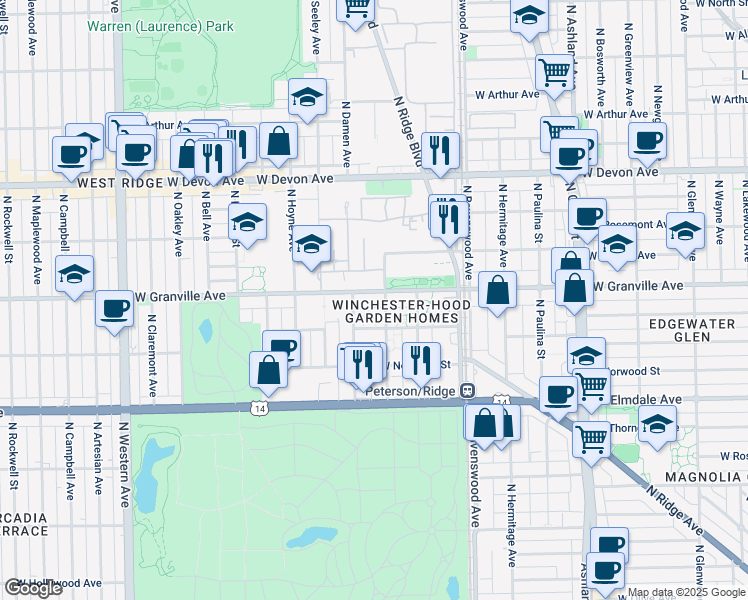 map of restaurants, bars, coffee shops, grocery stores, and more near 1961 West Granville Avenue in Chicago