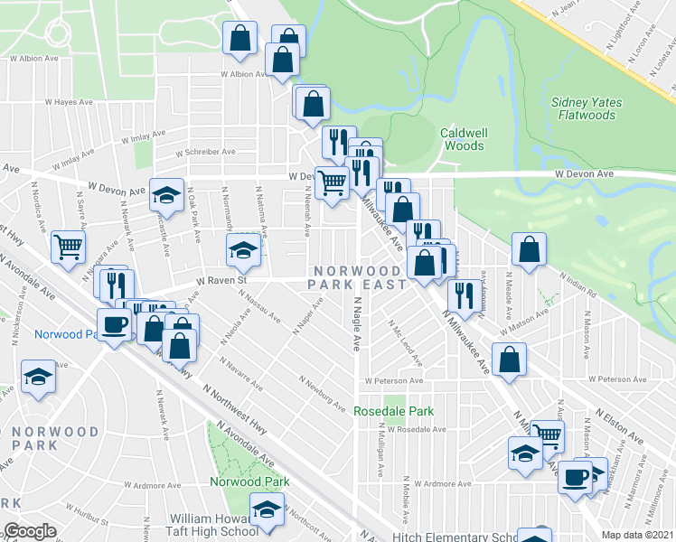 map of restaurants, bars, coffee shops, grocery stores, and more near 6436 West Raven Street in Chicago