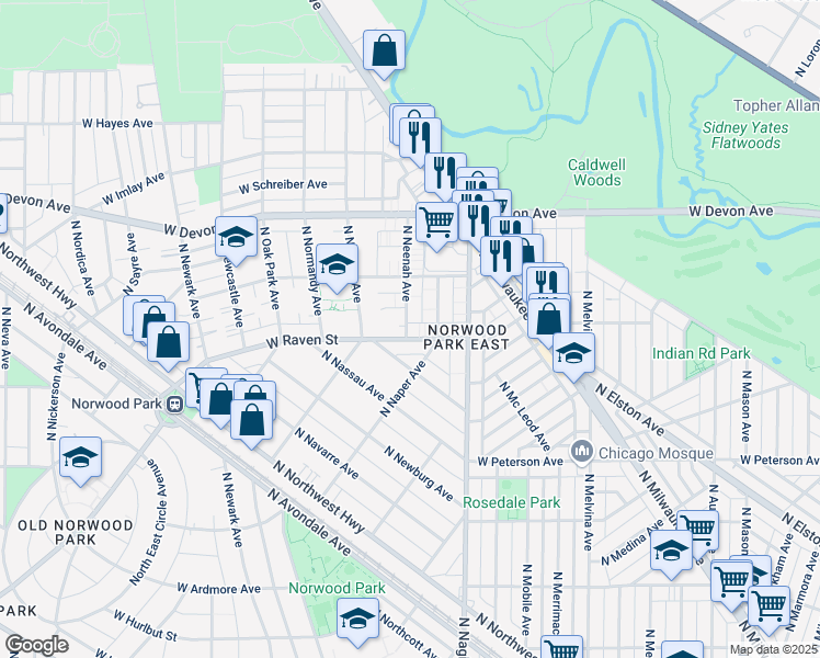 map of restaurants, bars, coffee shops, grocery stores, and more near 6514 West Raven Street in Chicago