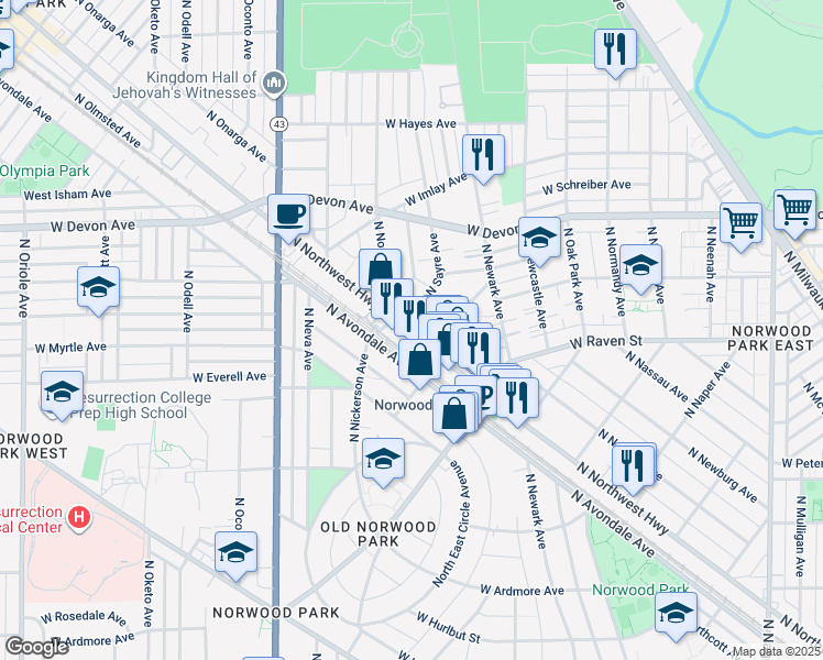map of restaurants, bars, coffee shops, grocery stores, and more near 6163 North Northwest Highway in Chicago