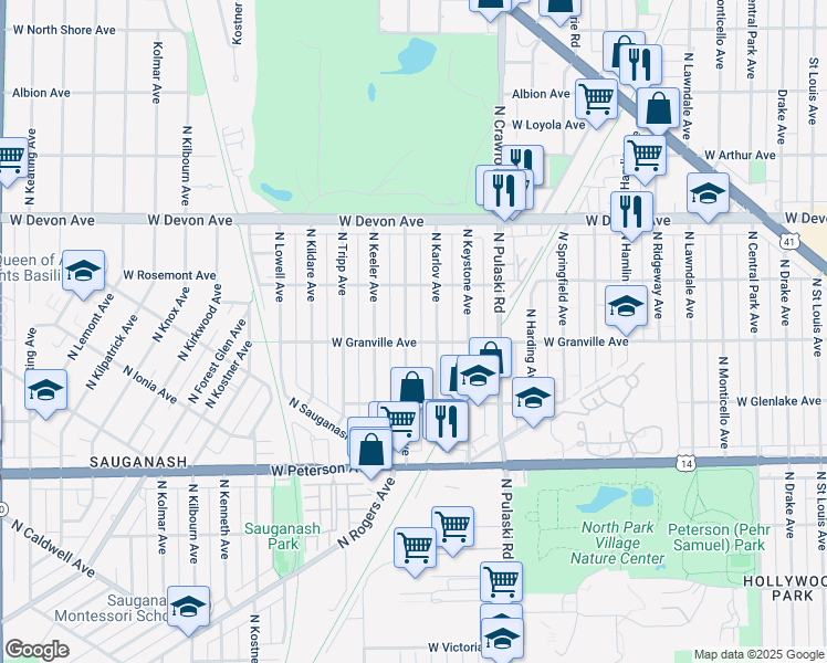 map of restaurants, bars, coffee shops, grocery stores, and more near 6209 North Kedvale Avenue in Chicago