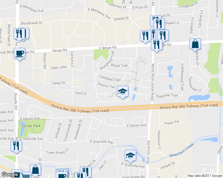 map of restaurants, bars, coffee shops, grocery stores, and more near 545 Sequoia Trail in Roselle