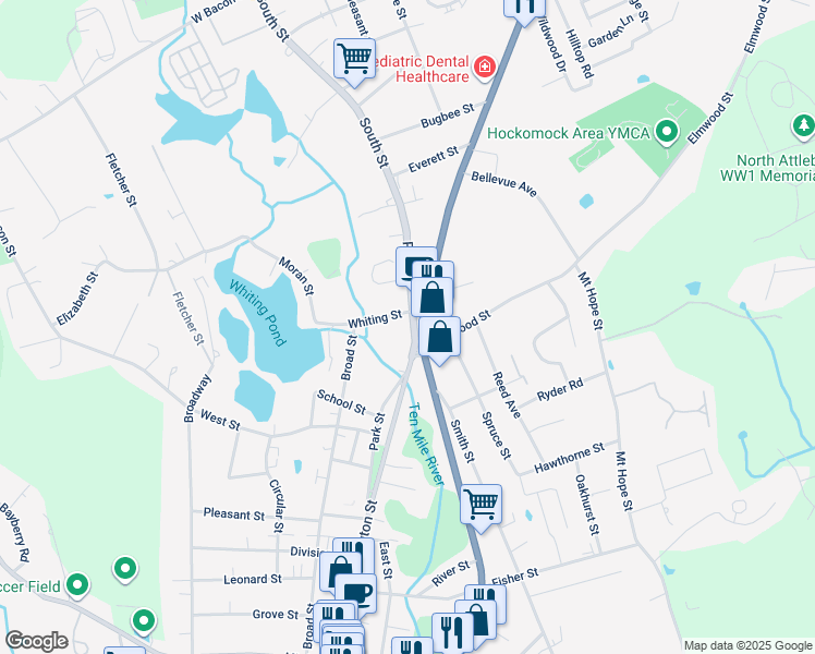 map of restaurants, bars, coffee shops, grocery stores, and more near 140 Park Street in North Attleborough