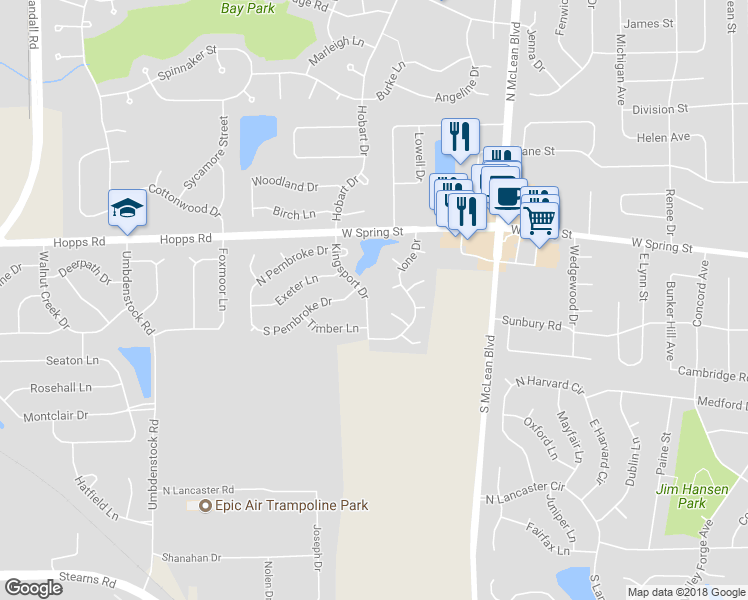 map of restaurants, bars, coffee shops, grocery stores, and more near 65 Kingsport Drive in South Elgin