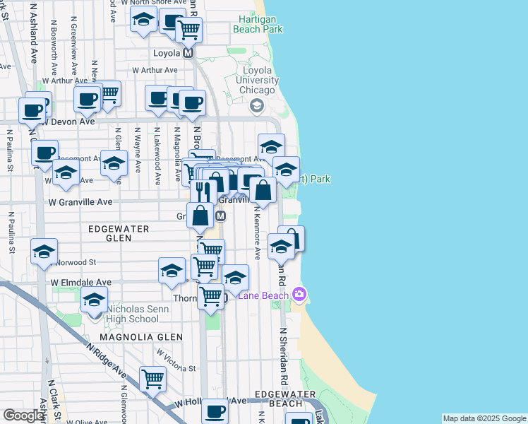map of restaurants, bars, coffee shops, grocery stores, and more near 6162 North Kenmore Avenue in Chicago