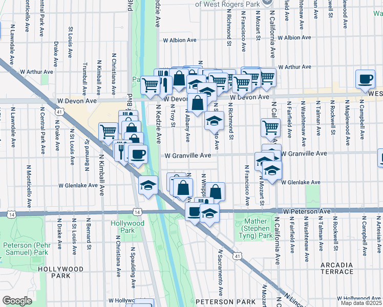 map of restaurants, bars, coffee shops, grocery stores, and more near 6201 North Albany Avenue in Chicago