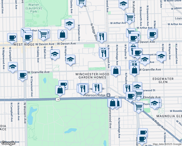 map of restaurants, bars, coffee shops, grocery stores, and more near 6177 North Winchester Avenue in Chicago