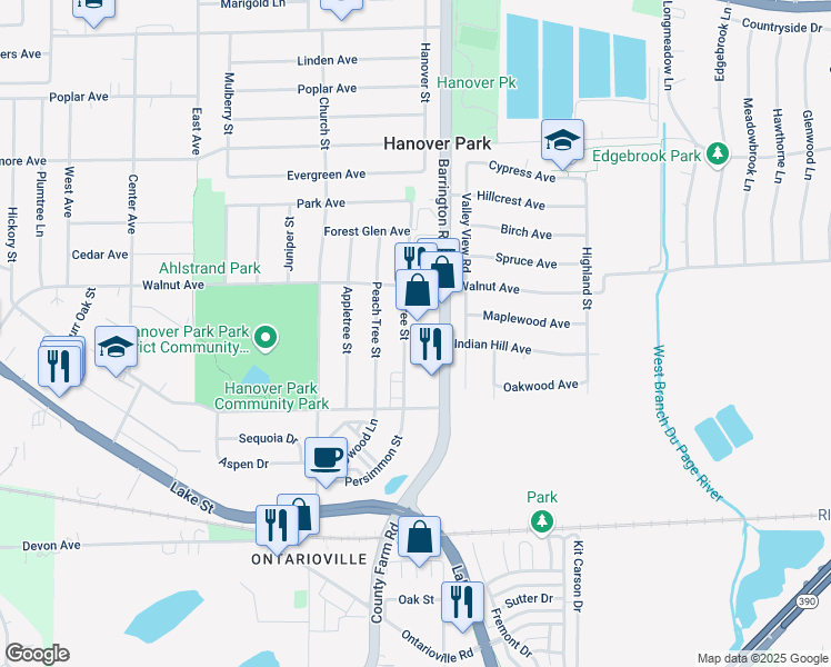 map of restaurants, bars, coffee shops, grocery stores, and more near 6734 Barrington Road in Hanover Park