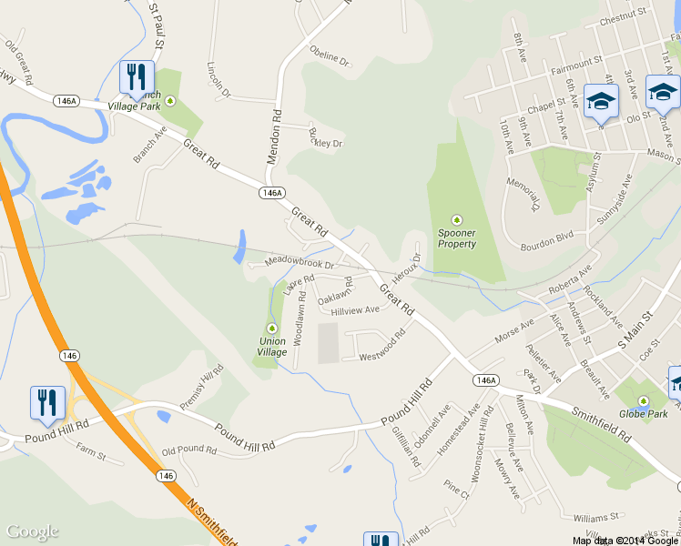 map of restaurants, bars, coffee shops, grocery stores, and more near 11 Lapre Rd in North Smithfield