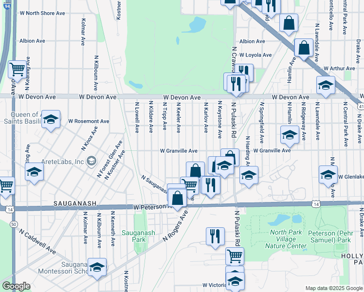 map of restaurants, bars, coffee shops, grocery stores, and more near 6209 North Keeler Avenue in Chicago