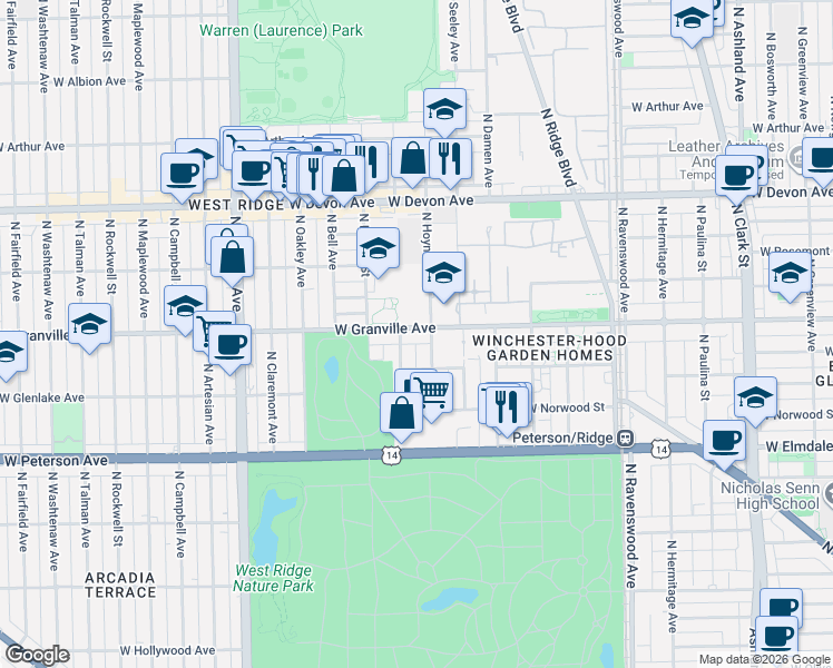 map of restaurants, bars, coffee shops, grocery stores, and more near 2111 West Granville Avenue in Chicago