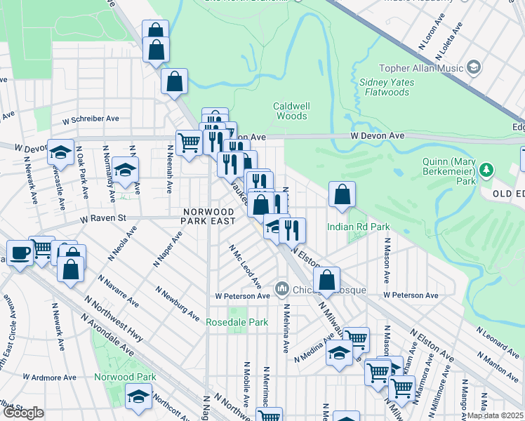 map of restaurants, bars, coffee shops, grocery stores, and more near 6201 North Milwaukee Avenue in Chicago