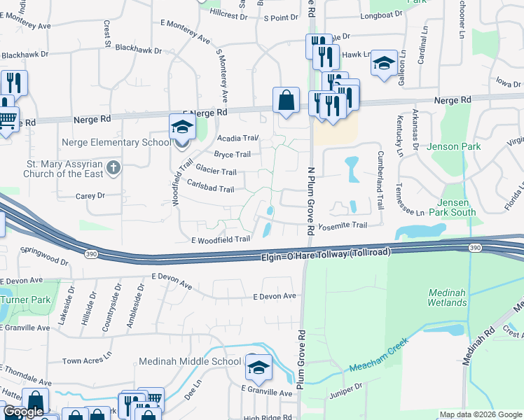 map of restaurants, bars, coffee shops, grocery stores, and more near 531 Yosemite Court in Roselle