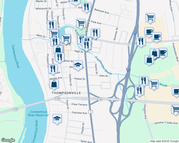 map of restaurants, bars, coffee shops, grocery stores, and more near 1007 Enfield Street in Enfield