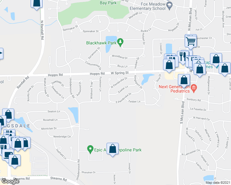 map of restaurants, bars, coffee shops, grocery stores, and more near 1504 Exeter Lane in South Elgin