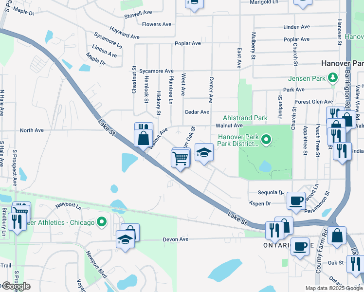 map of restaurants, bars, coffee shops, grocery stores, and more near 2200 Burr Oak Street in Hanover Park