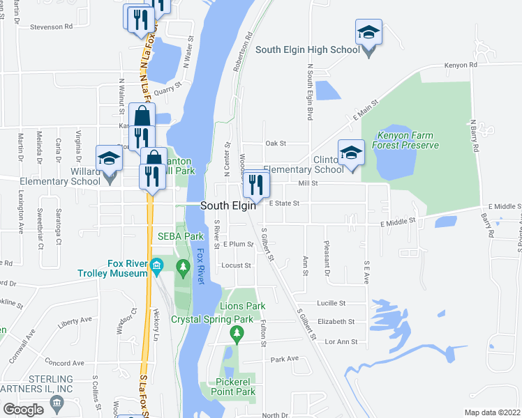 map of restaurants, bars, coffee shops, grocery stores, and more near 20 South Gilbert Street in South Elgin