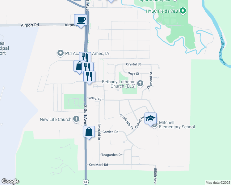 map of restaurants, bars, coffee shops, grocery stores, and more near 412 Opal Circle in Ames