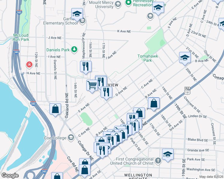 map of restaurants, bars, coffee shops, grocery stores, and more near 1637 E Ave Northeast in Cedar Rapids