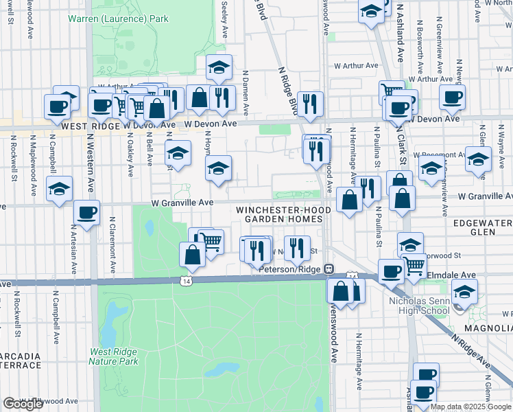 map of restaurants, bars, coffee shops, grocery stores, and more near 1961 West Granville Avenue in Chicago