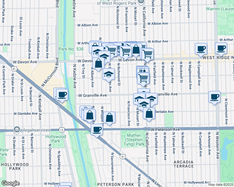 map of restaurants, bars, coffee shops, grocery stores, and more near 6200 N Richmond St in Chicago