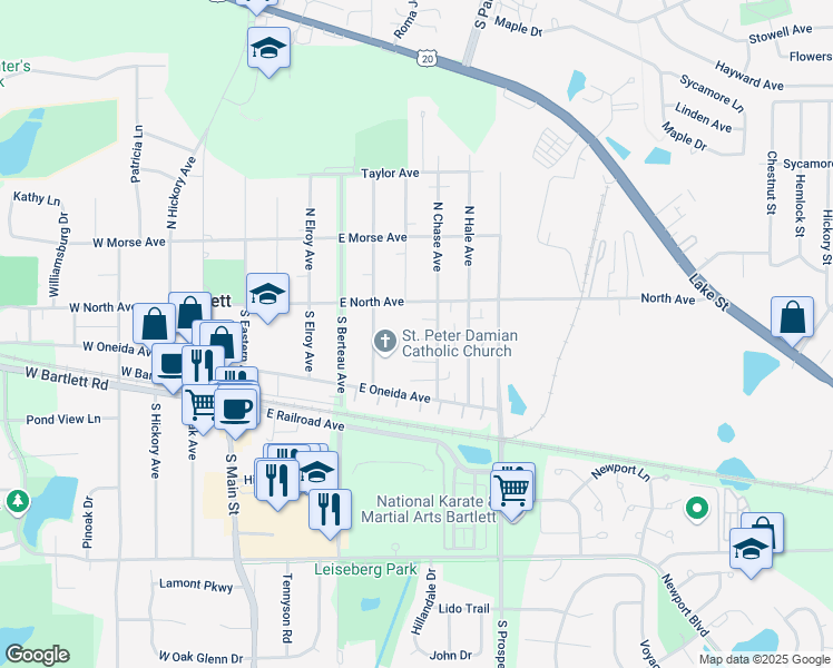 map of restaurants, bars, coffee shops, grocery stores, and more near 334 Donna Court in Bartlett